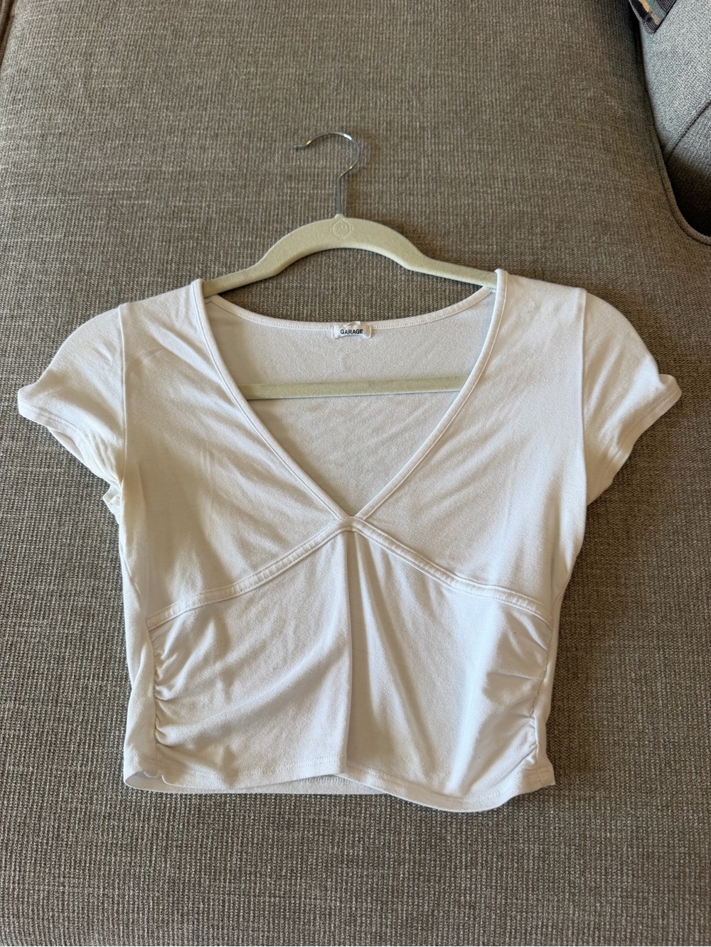 Garage White V-Neck Ruched Side Crop Top